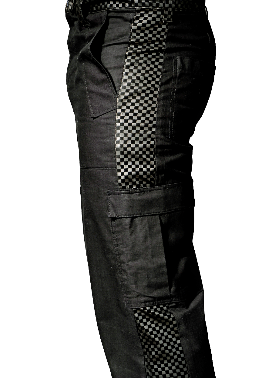 Checkerboard panel detail at the hip and cargo pocket